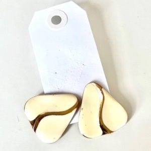 Vintage Rounded Triangle Shape White Enamel & Gold Metal Earrings